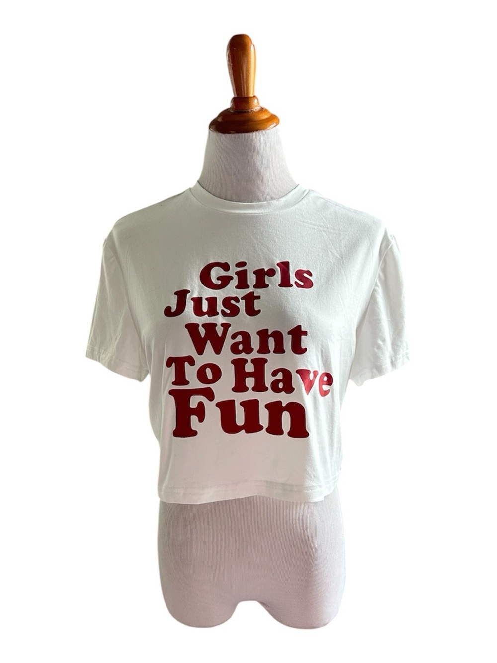 NWOT SHEIN White Crop Tee with Red 'Girls Just Want To Have Fun' Graphic